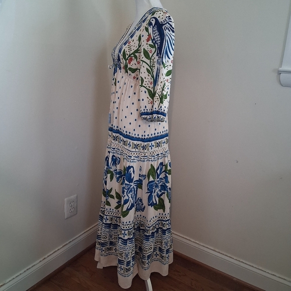 House Of Harlow Cream Blue And White Linen And Cotton Maxi Dress Size Small - Picture 6 of 11